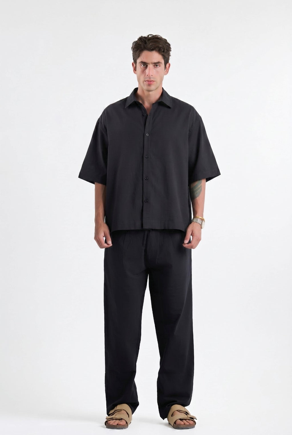 Black Oversized Short Sleeve Linen Shirt