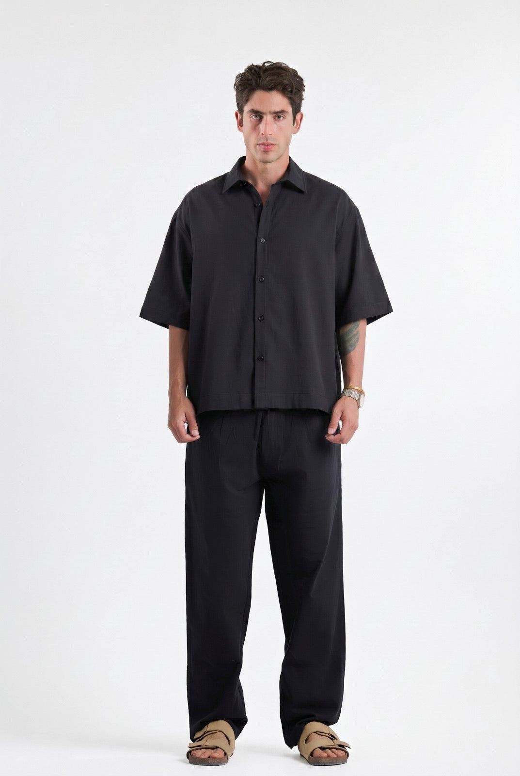 Black Oversized Short Sleeve Linen Shirt
