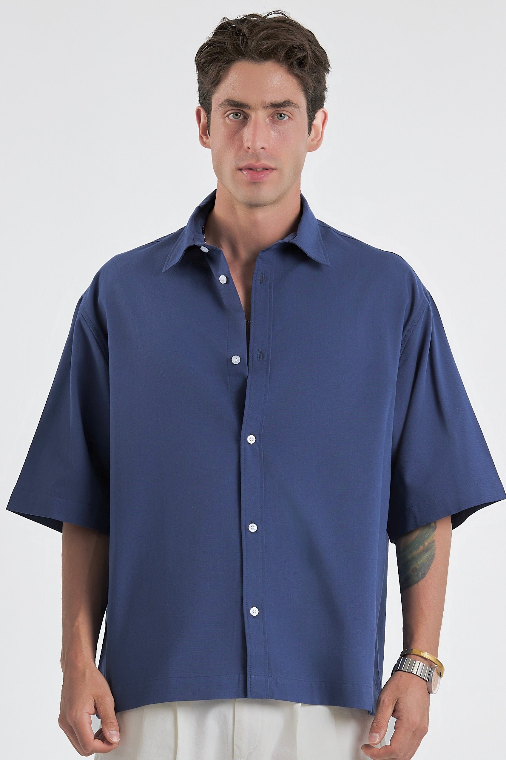 Blue Oversized Short Sleeve Linen Shirt