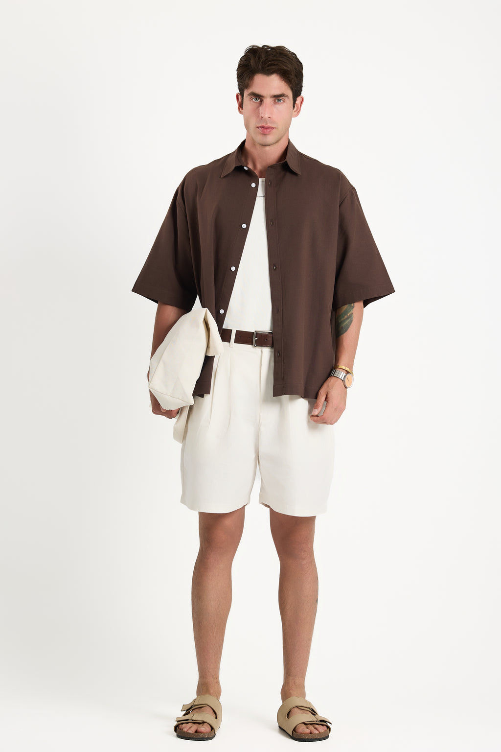Off-white pleated linen shorts