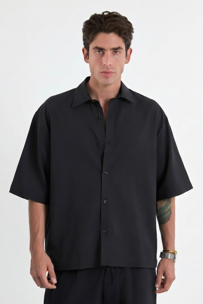 Black Oversized Short Sleeve Linen Shirt