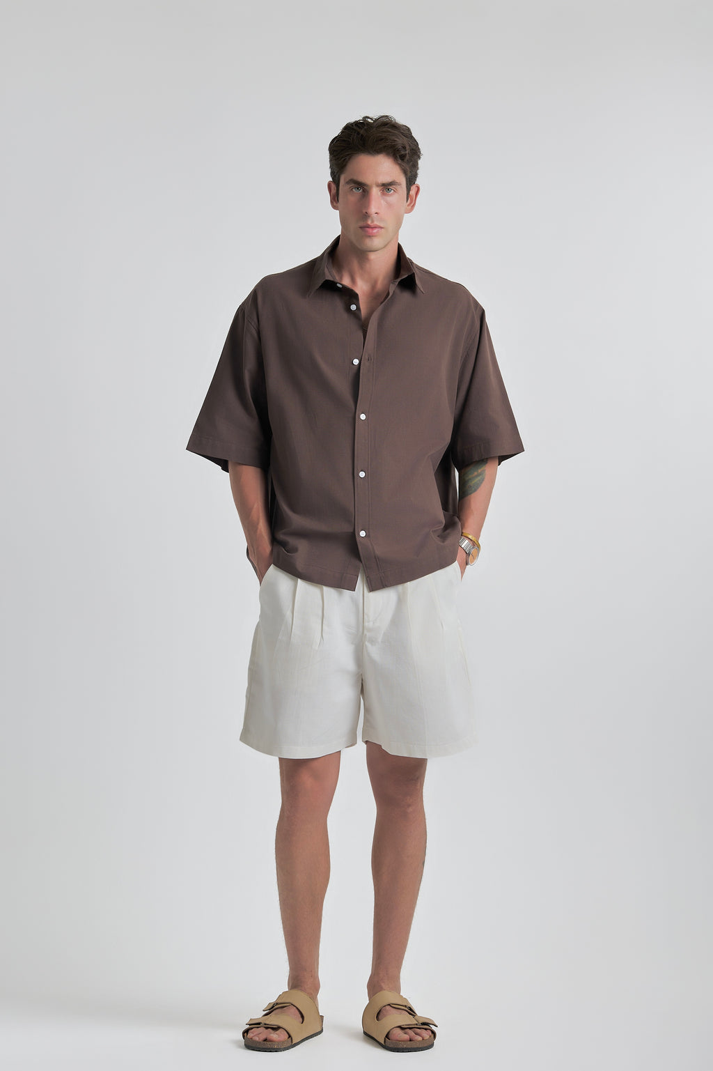 Brown Oversized Short Sleeve Linen Shirt