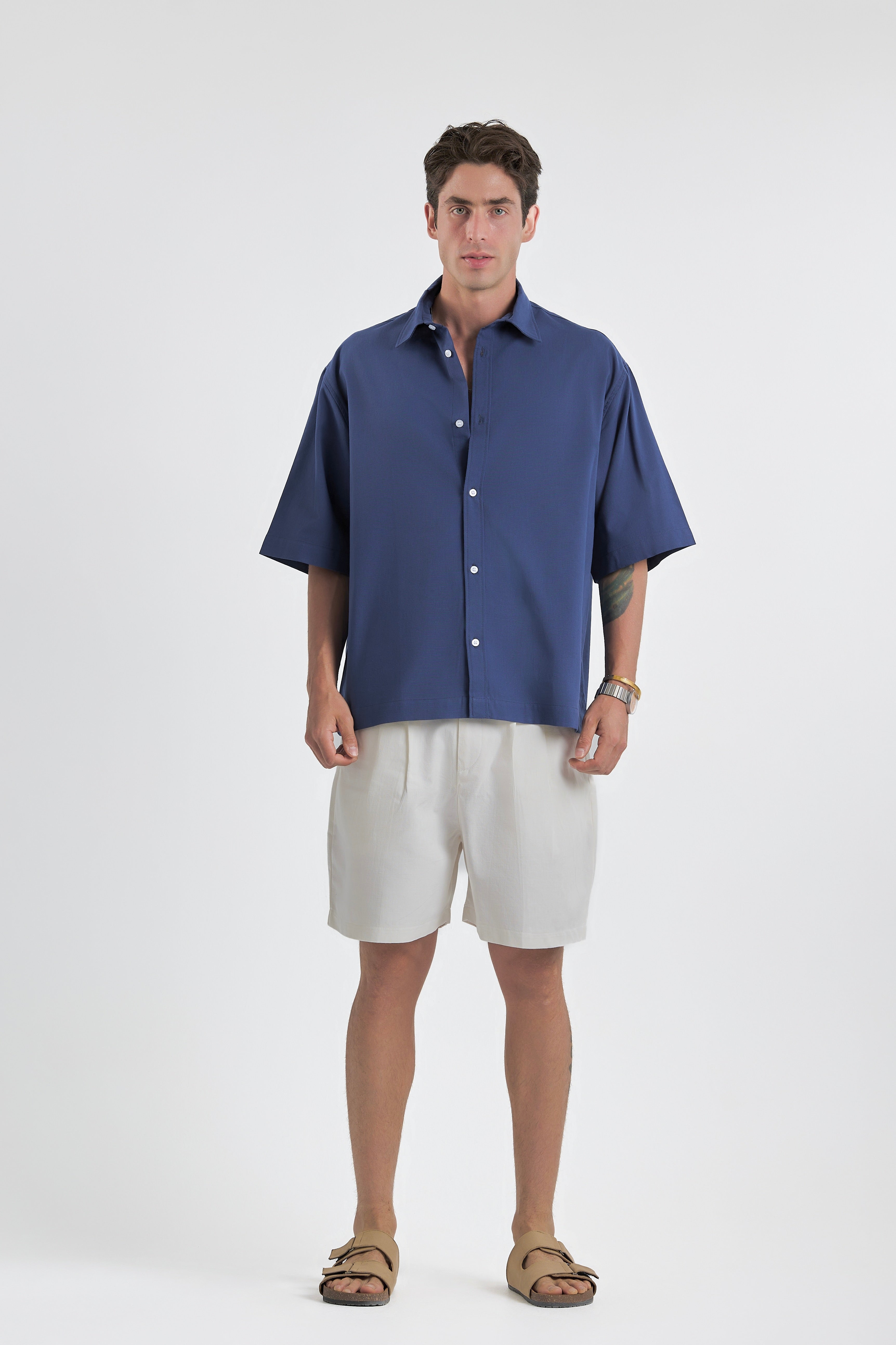 Blue Oversized Short Sleeve Linen Shirt