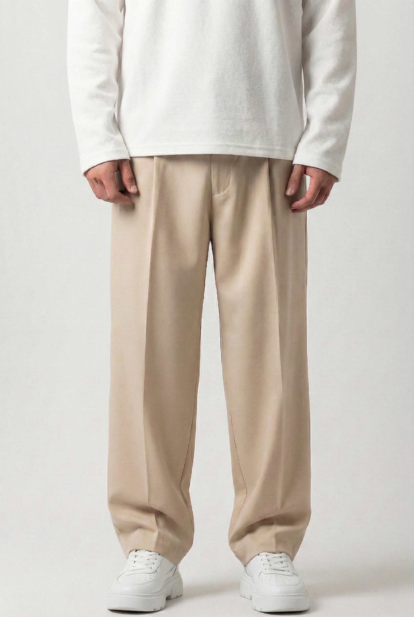 Beige Wide-Leg Tailored Pants