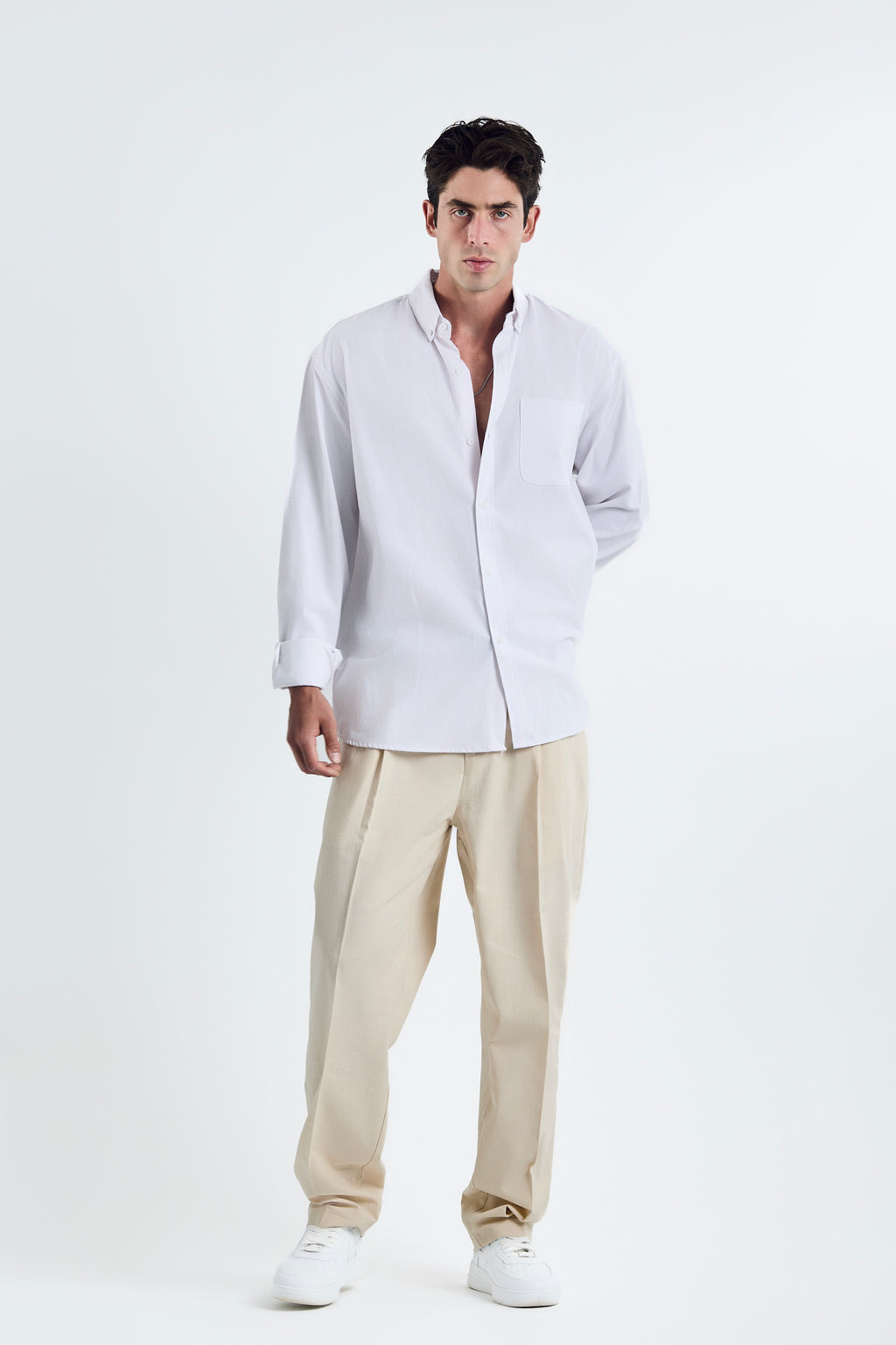 Beige wide-leg pleated linen pants