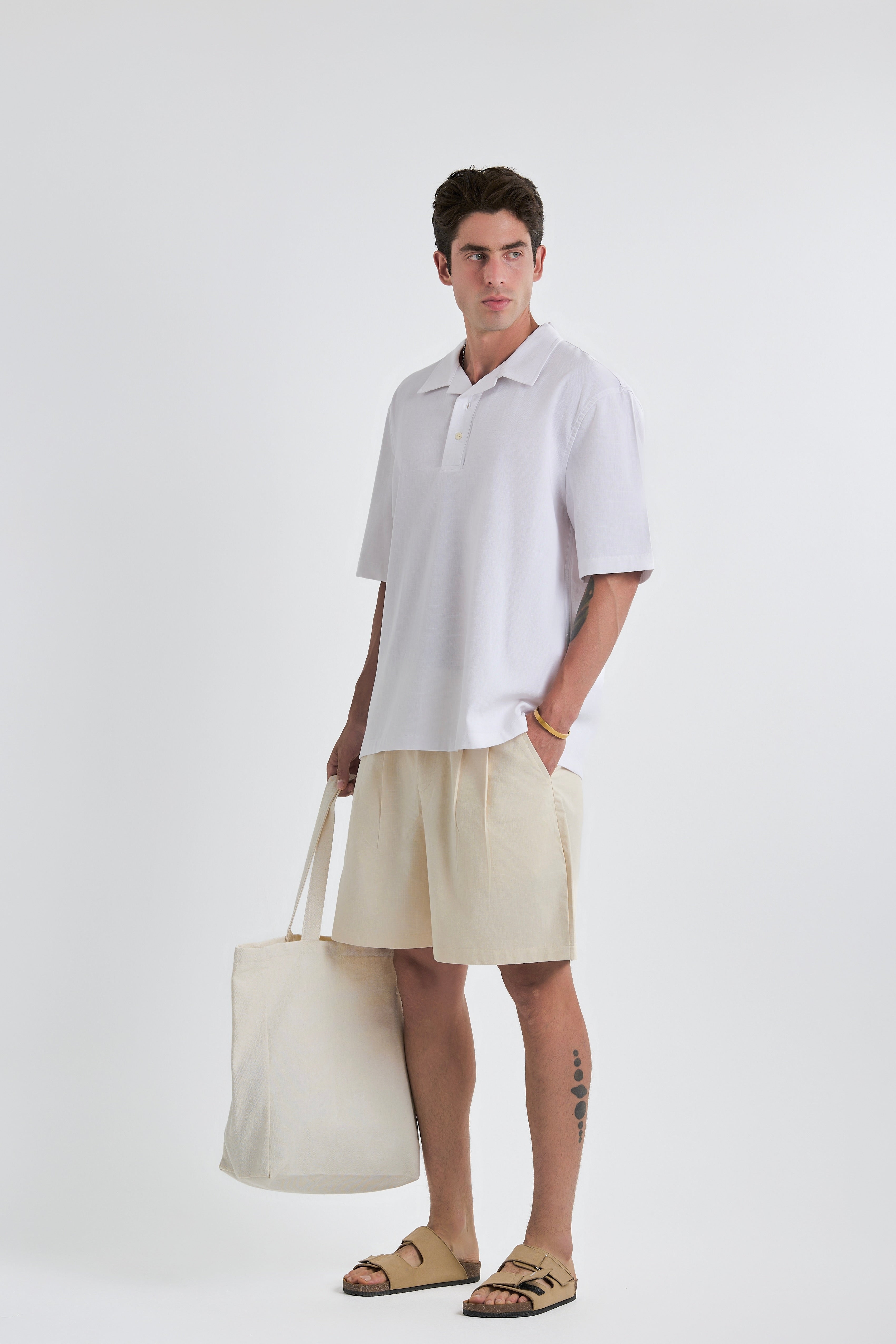 Beige Pleated Linen Shorts