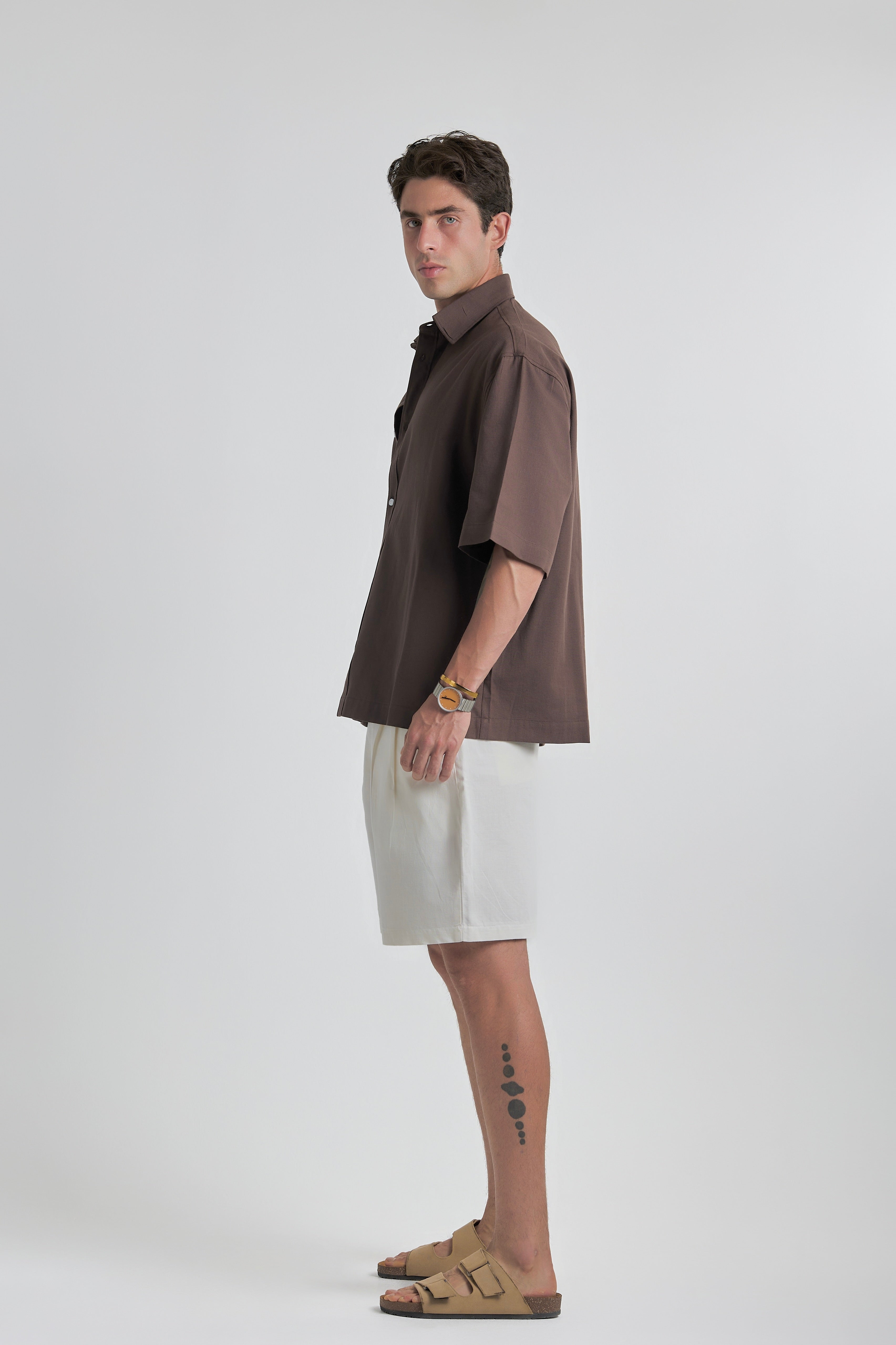 Brown Oversized Short Sleeve Linen Shirt