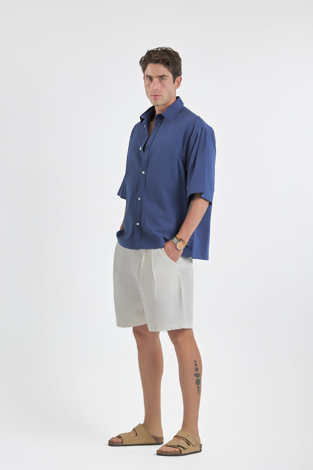 Blue Oversized Short Sleeve Linen Shirt