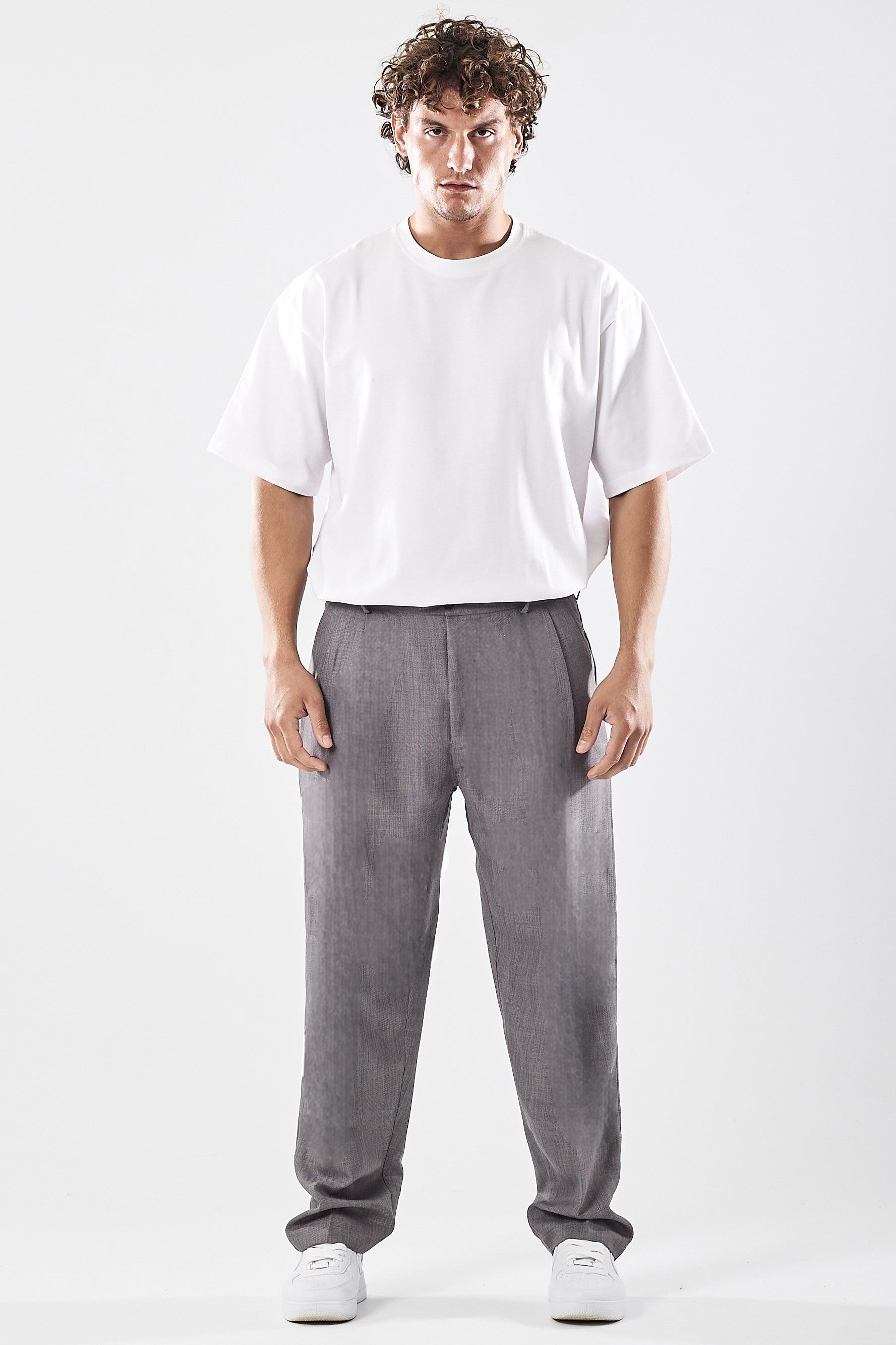 PLEATED WIDE-LEG TROUSERS GREY