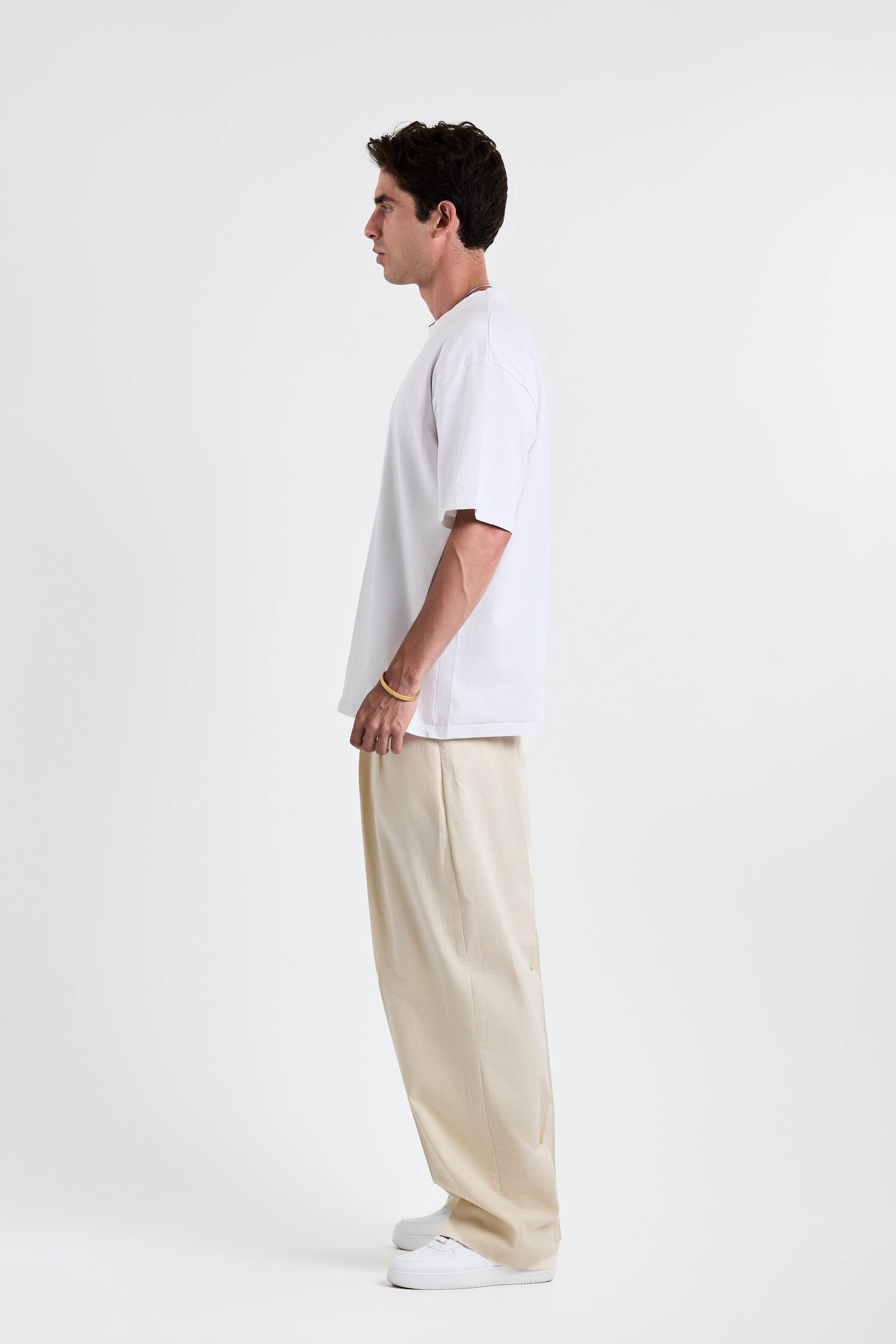 Beige baggy pleated linen pants