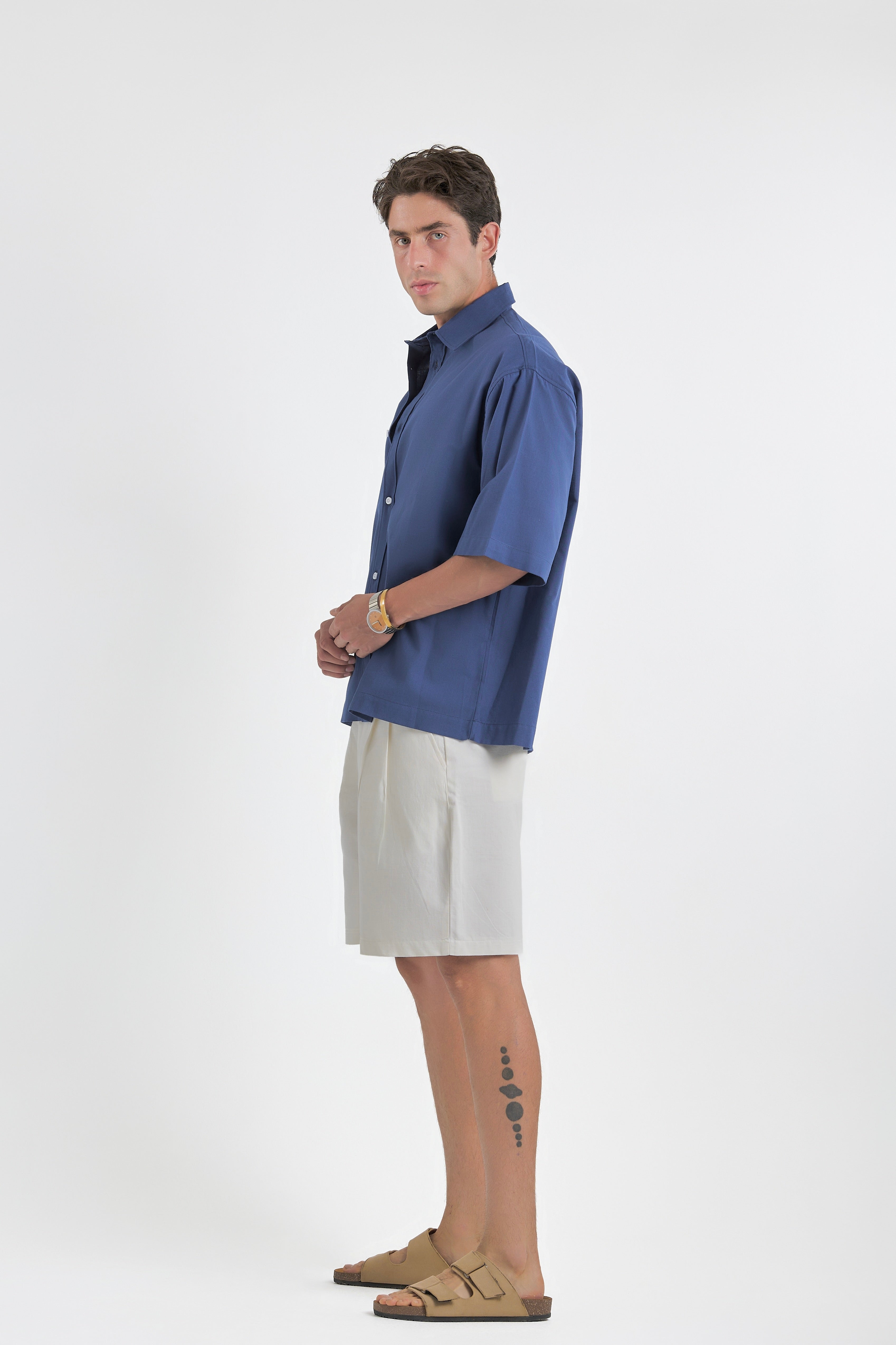 Blue Oversized Short Sleeve Linen Shirt