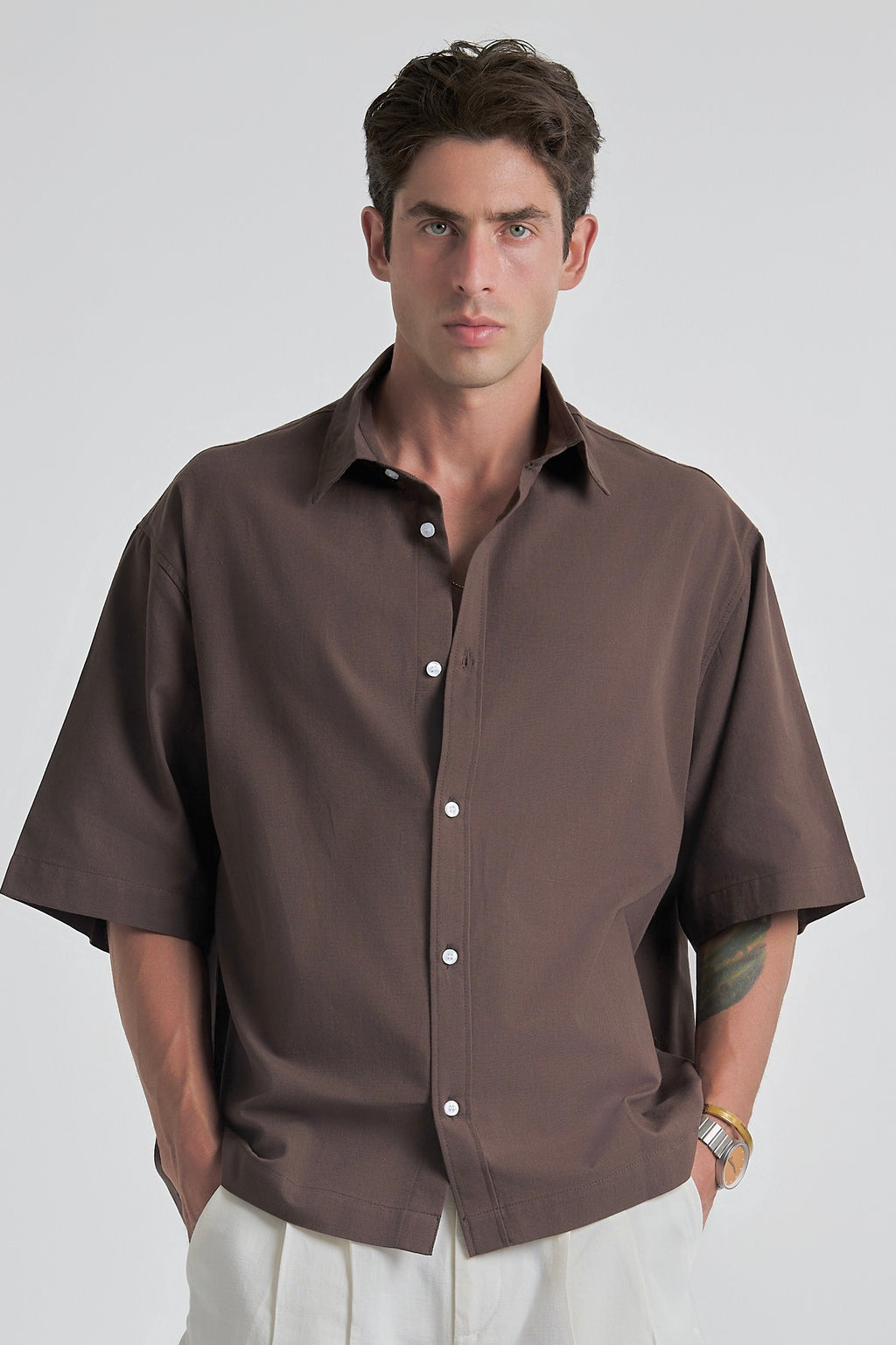 Brown Oversized Short Sleeve Linen Shirt