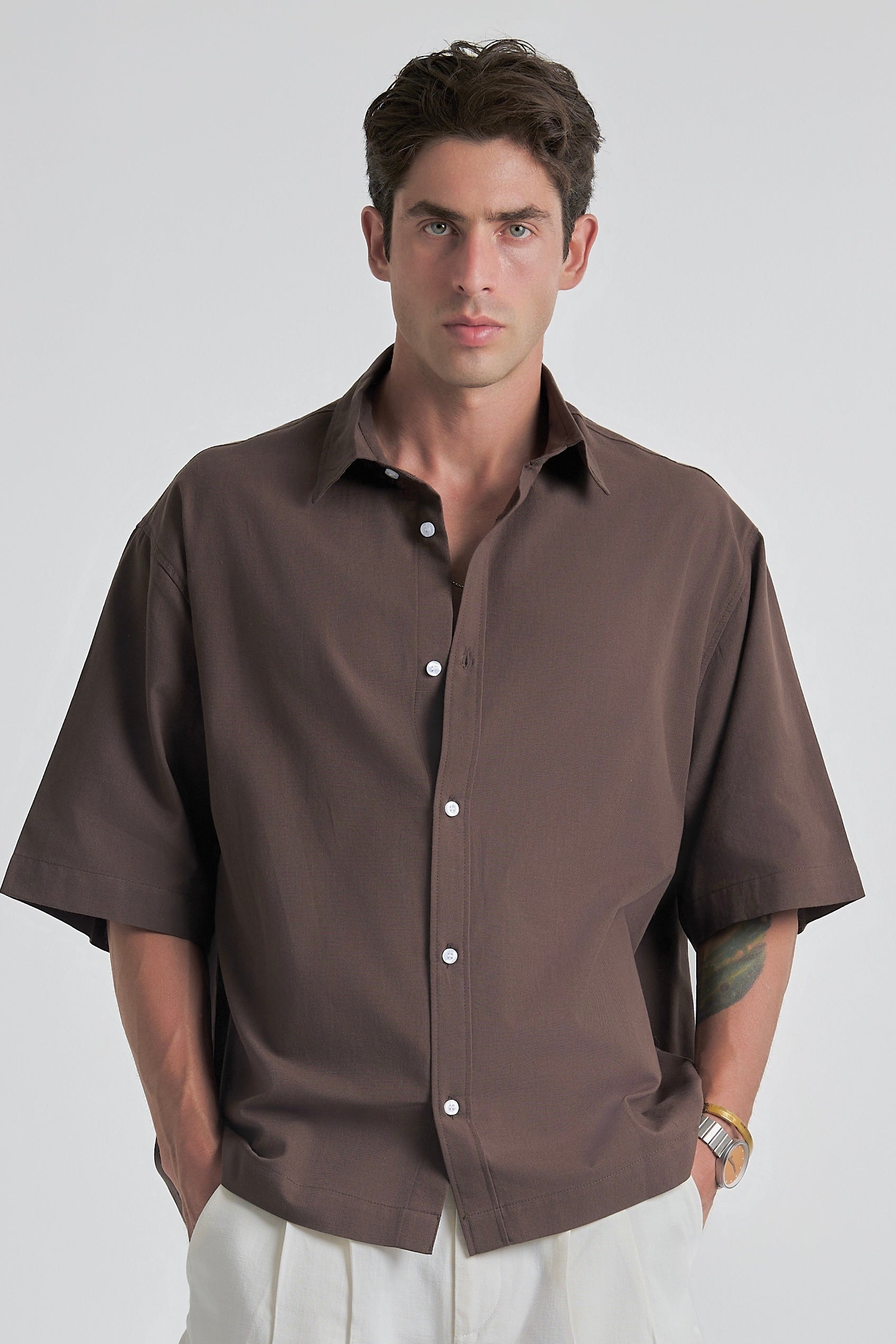 Brown Oversized Short Sleeve Linen Shirt