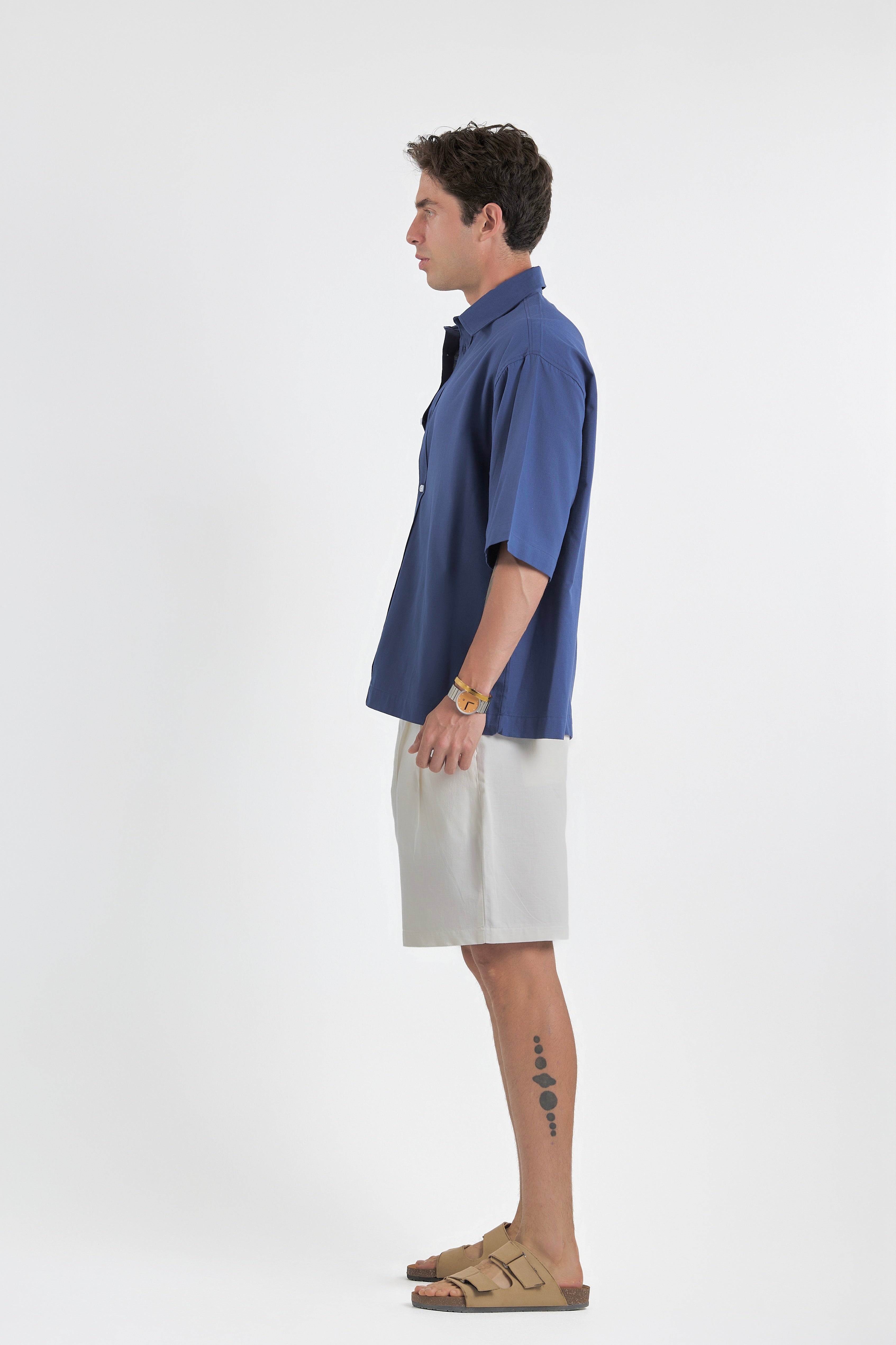 Blue Oversized Short Sleeve Linen Shirt