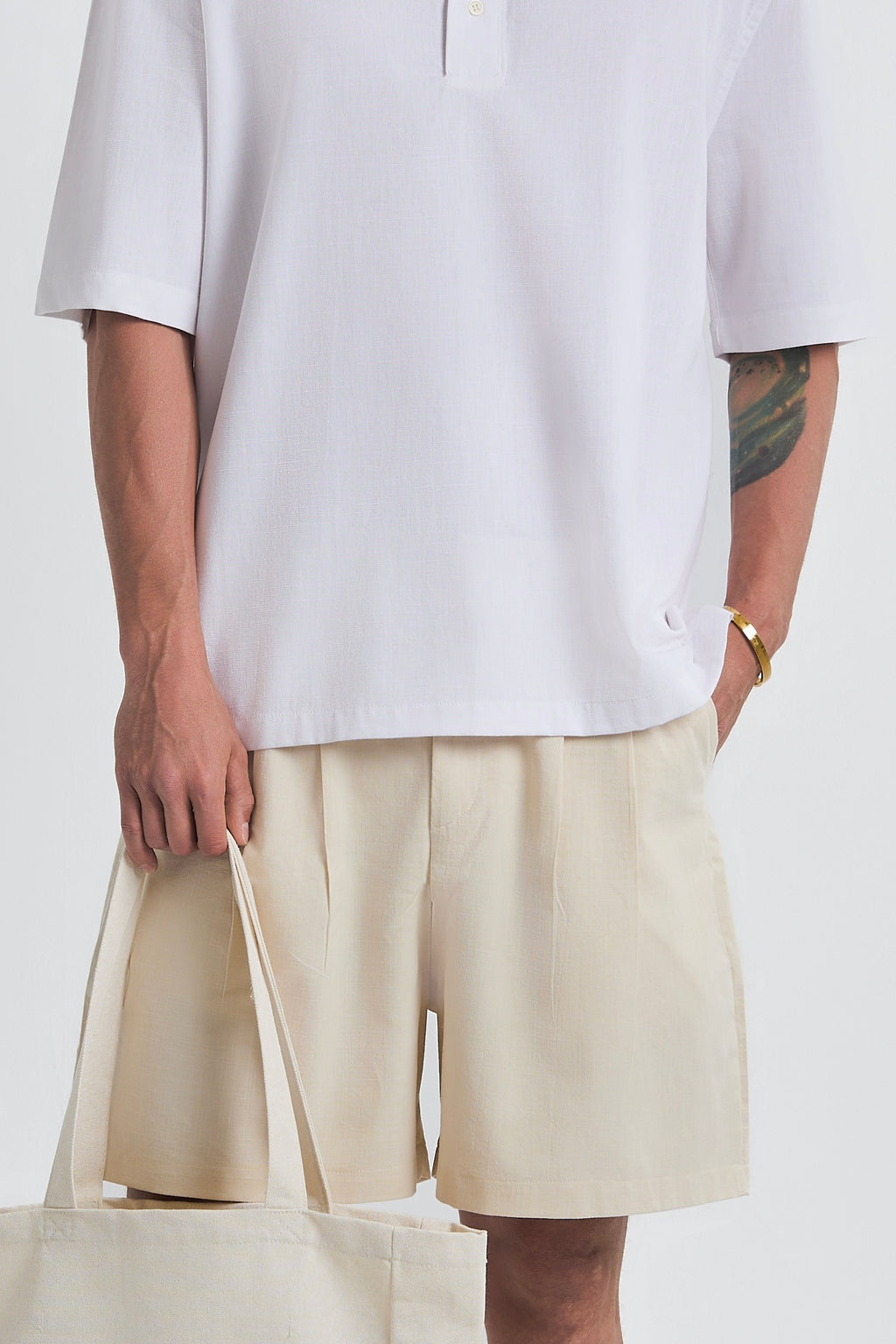 Beige Pleated Linen Shorts