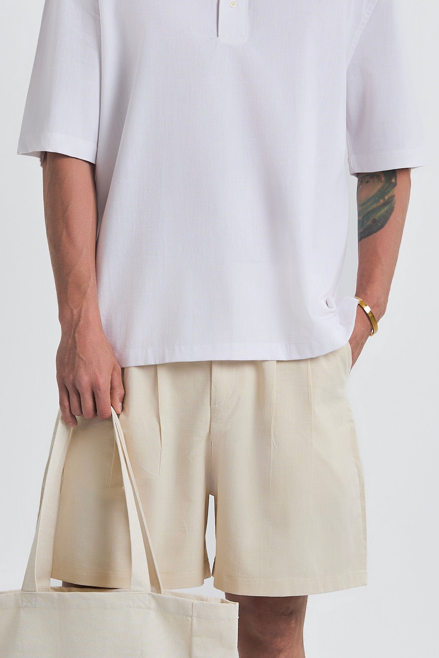 Beige Pleated Linen Shorts